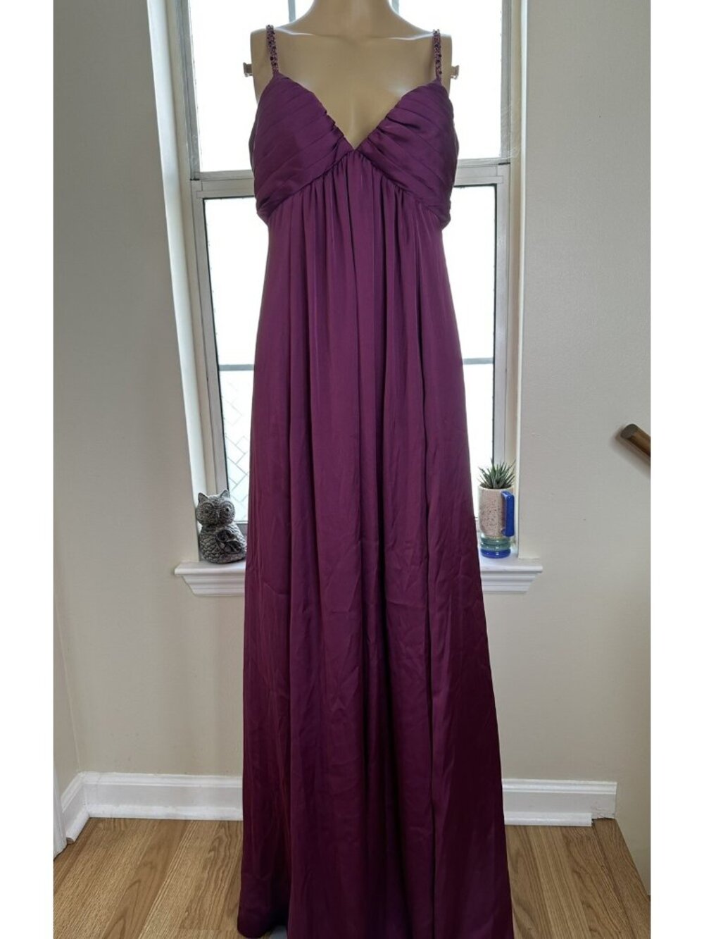 Max & Cleo Goddess Maxi Dress Sz 6 Plum Purple Empire Waist Pleated Beaded Gown